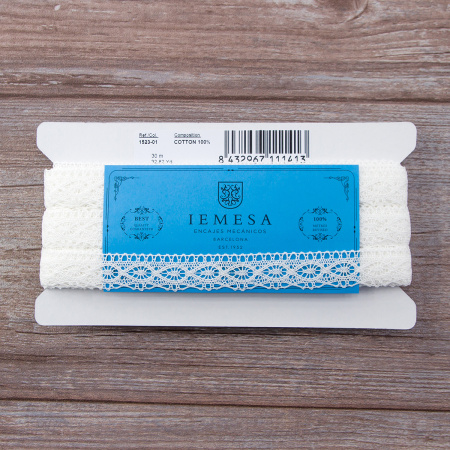 Мерсеризованное хлопковое кружево, 20 мм, цвет белый. Арт 1523/01                 