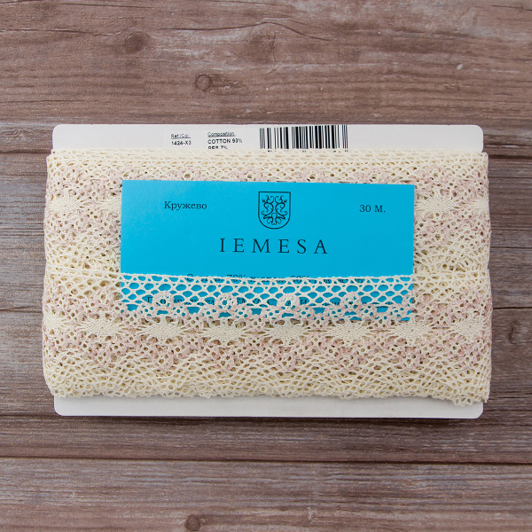 Мерсеризованное хлопковое кружево, 60 мм, цвет сливочный/светло-сиреневый. Арт 1424/X3