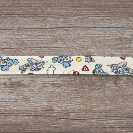 Косая бейка с детским принтом, 18 мм, цвет молочно-белый с голубым. Арт 3323/18/02