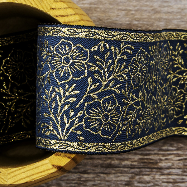 Лента жаккард с люрексом SAFISA, 50 мм, 15 м, цвет 70, джинс. Арт 9213-50мм-70