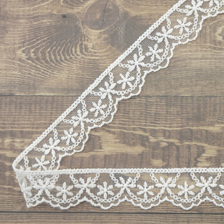 Кружево-вышивка на тюле, 28 мм, цвет белый, 100% полиэстер, 3,5 м. Арт T-1910.212