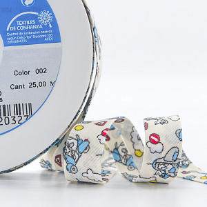 Косая бейка с детским принтом, 18 мм, цвет молочно-белый с голубым