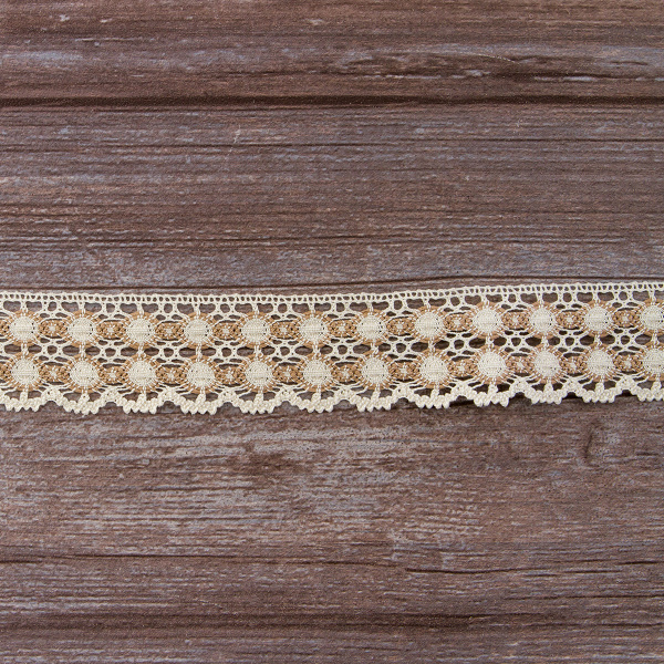 Мерсеризованное хлопковое кружево, 40 мм, цвет экрю с бежевым. Арт 3680/T1