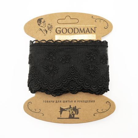 Кружево-вышивка на тюле, 70 мм, цвет черный, 100% полиэстер, 3,5 м. Арт WT-1915.13