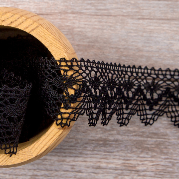 Мерсеризованное хлопковое кружево, 35 мм, цвет черный. Арт 3201/14                 
