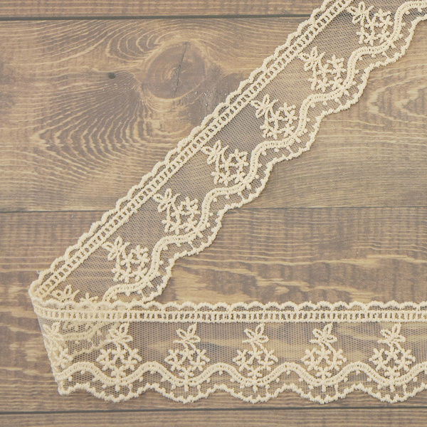 Кружево-вышивка на тюле, 23 мм, цвет бежевый, 100% полиэстер, 4,5 м. Арт T-3011.371